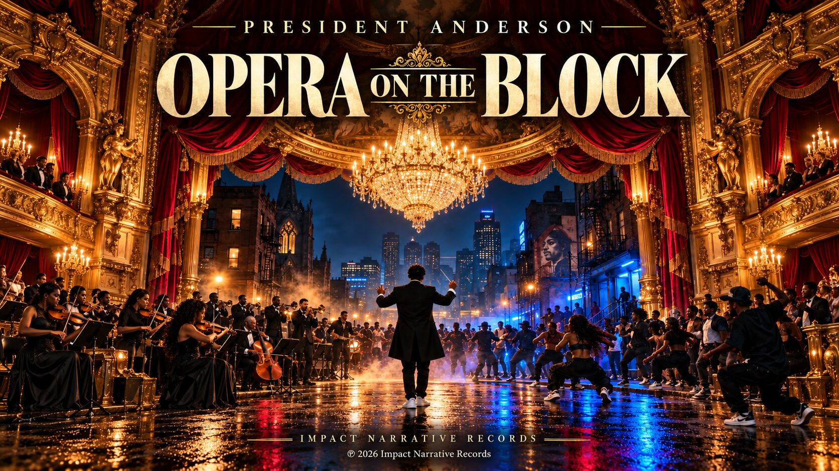 Album artwork for Opera on the Block by President Anderson: a conductor in sneakers leads an orchestra on one side and street dancers on the other, under a chandelier in a gilded opera house that opens onto a city block at night.