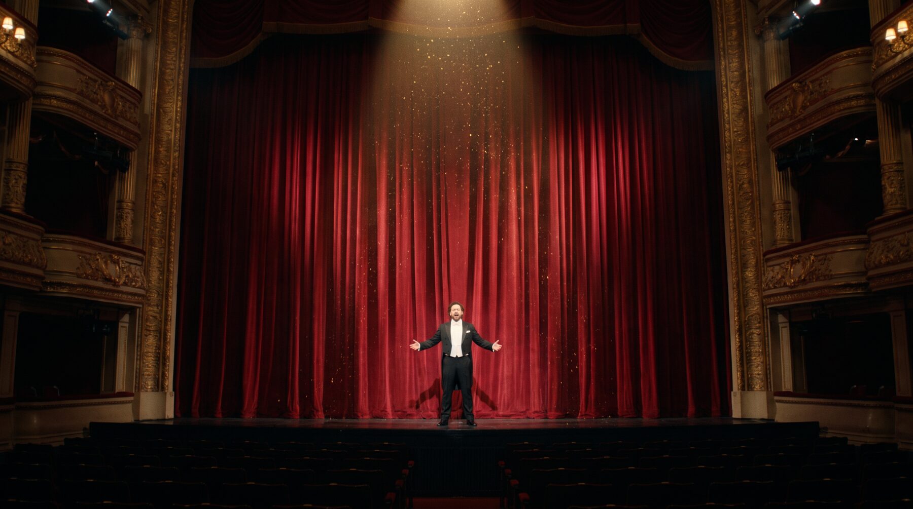 A singer in white tie performs alone on an opera stage in front of a red velvet curtain.